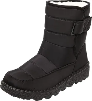 Fleece Lined Thick Mid-Calf Snow Boot for Women Outdoor Hiking Waterproof Cotton Chunky Heel Flat Boot with Buckle