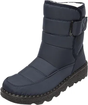 Fleece Lined Thick Mid-Calf Snow Boot for Women Outdoor Hiking Waterproof Cotton Chunky Heel Flat Boot with Buckle