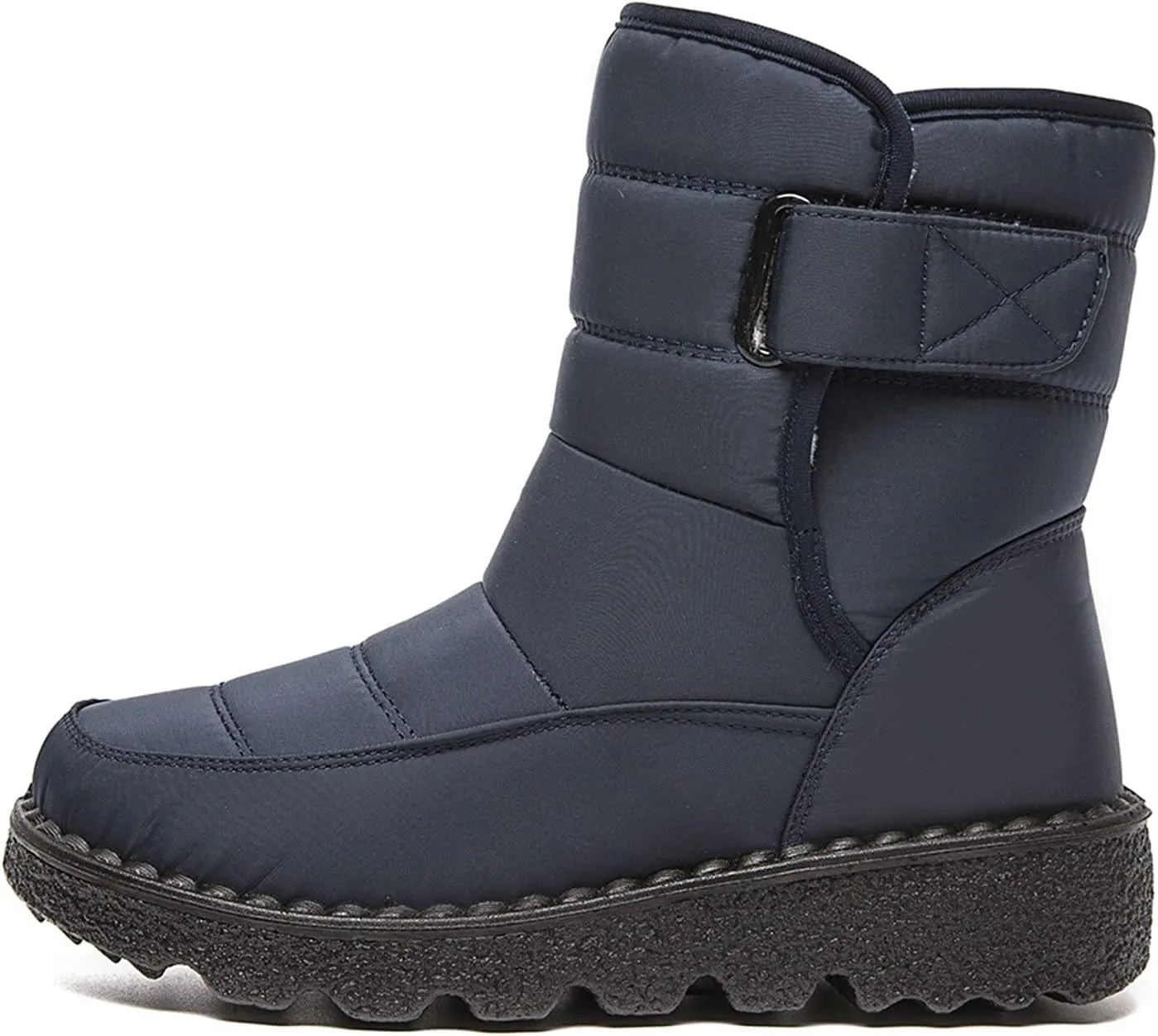 Fleece Lined Thick Mid-Calf Snow Boot for Women Outdoor Hiking Waterproof Cotton Chunky Heel Flat Boot with Buckle