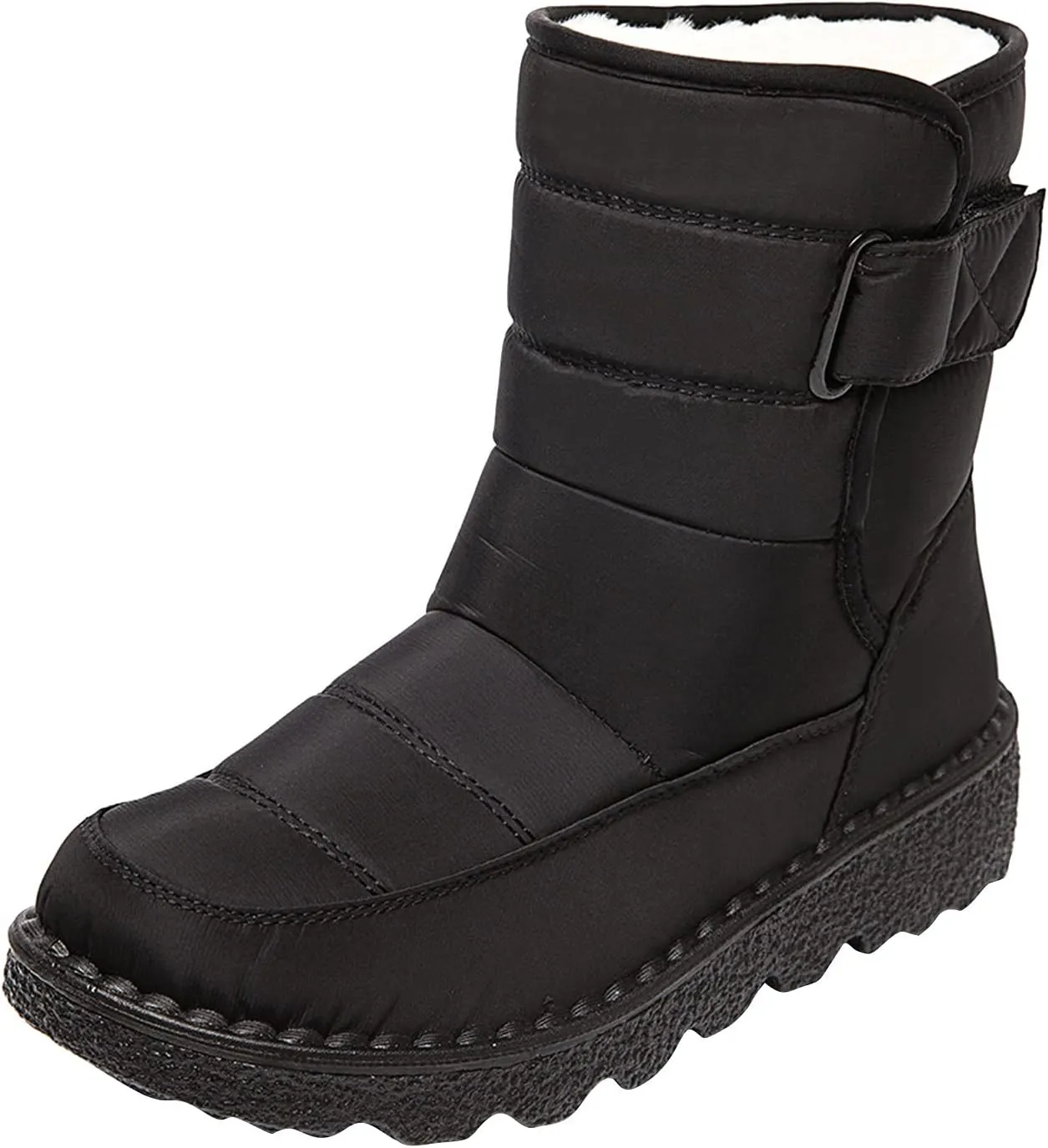 Fleece Lined Thick Mid-Calf Snow Boot for Women Outdoor Hiking Waterproof Cotton Chunky Heel Flat Boot with Buckle