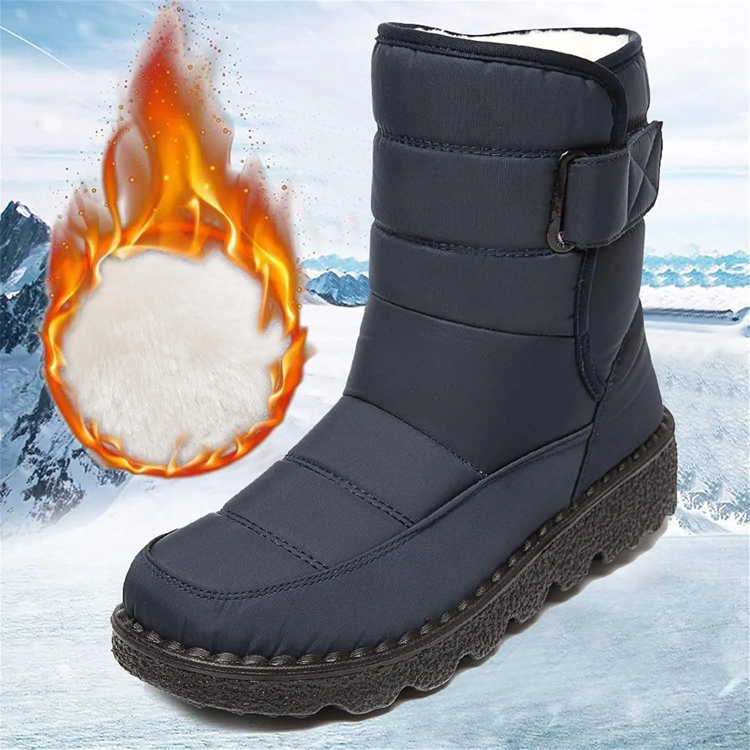 Fleece Lined Thick Mid-Calf Snow Boot for Women Outdoor Hiking Waterproof Cotton Chunky Heel Flat Boot with Buckle