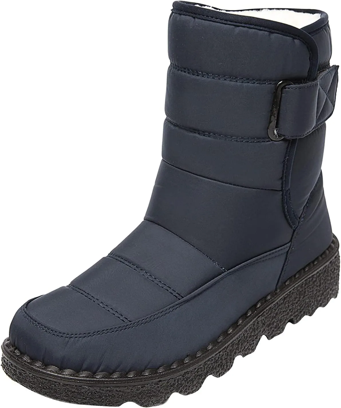 Fleece Lined Thick Mid-Calf Snow Boot for Women Outdoor Hiking Waterproof Cotton Chunky Heel Flat Boot with Buckle