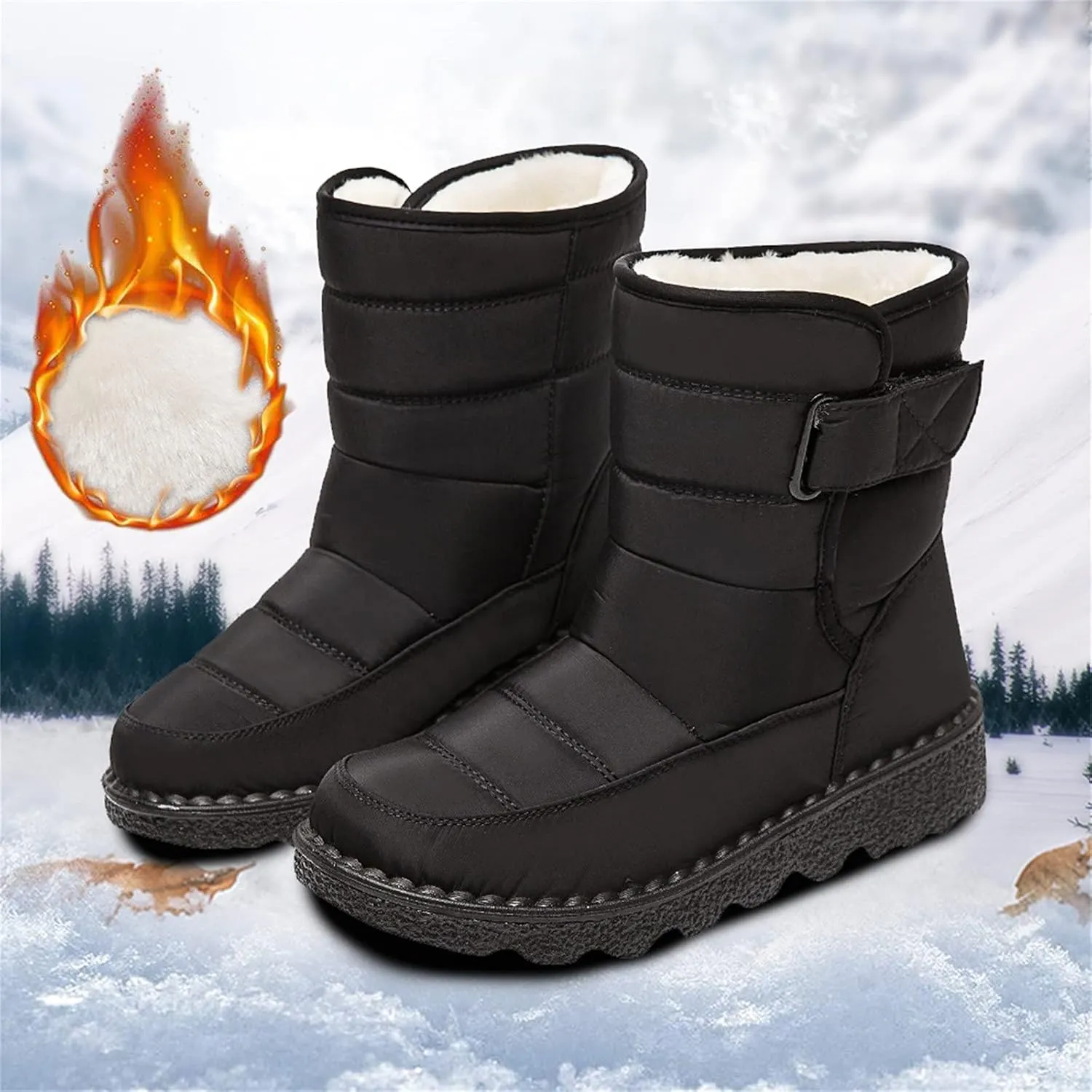 Fleece Lined Thick Mid-Calf Snow Boot for Women Outdoor Hiking Waterproof Cotton Chunky Heel Flat Boot with Buckle