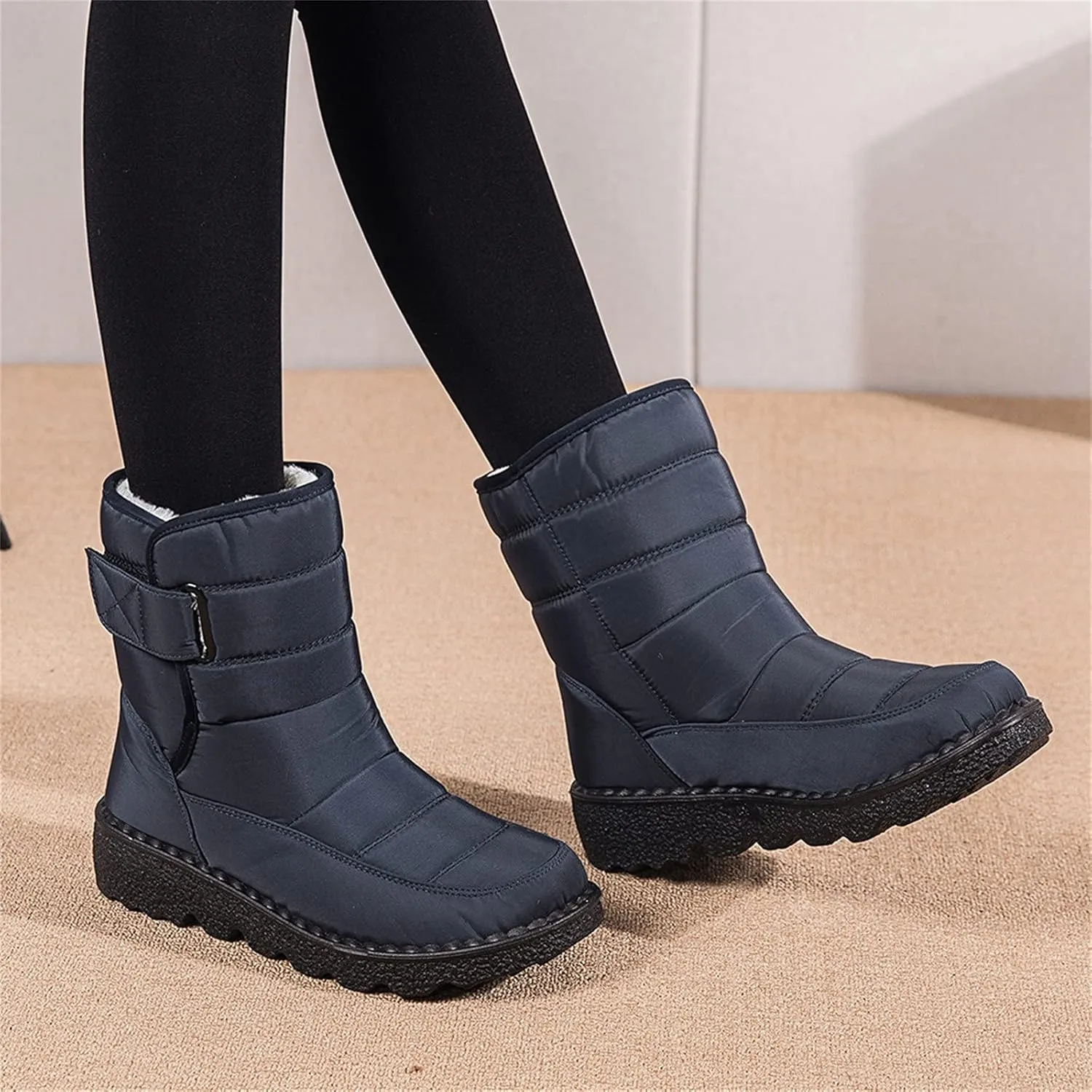 Fleece Lined Thick Mid-Calf Snow Boot for Women Outdoor Hiking Waterproof Cotton Chunky Heel Flat Boot with Buckle
