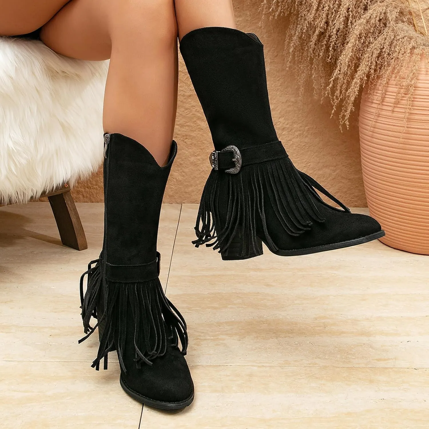 getmorebeauty Women's Mid Calf Boots Low Chunky Heels Closed Toe Suede Vintage Tassels Side Zipper Ankle Boots for Autum Winter
