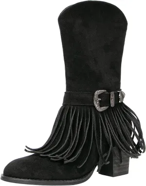 getmorebeauty Women's Mid Calf Boots Low Chunky Heels Closed Toe Suede Vintage Tassels Side Zipper Ankle Boots for Autum Winter