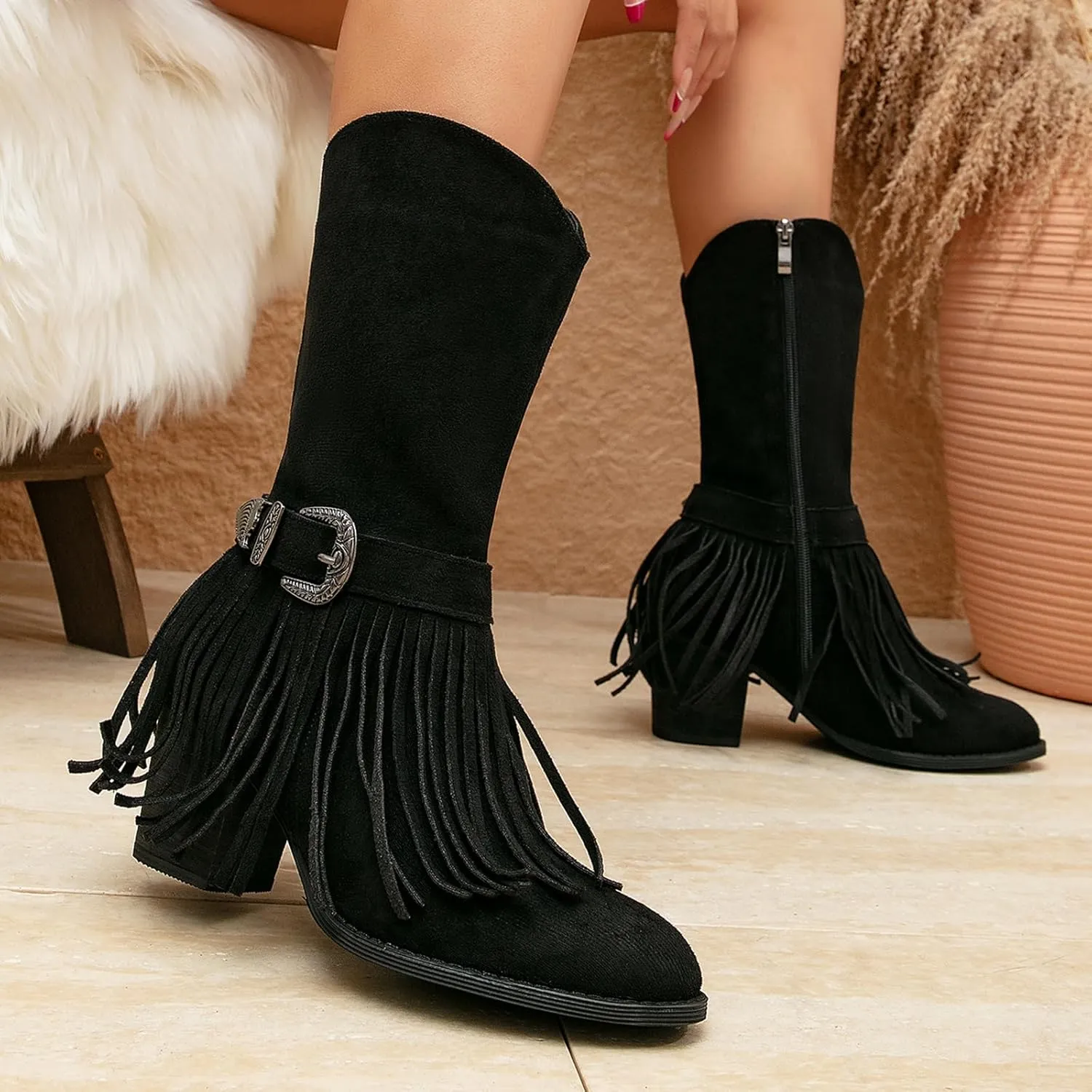 getmorebeauty Women's Mid Calf Boots Low Chunky Heels Closed Toe Suede Vintage Tassels Side Zipper Ankle Boots for Autum Winter