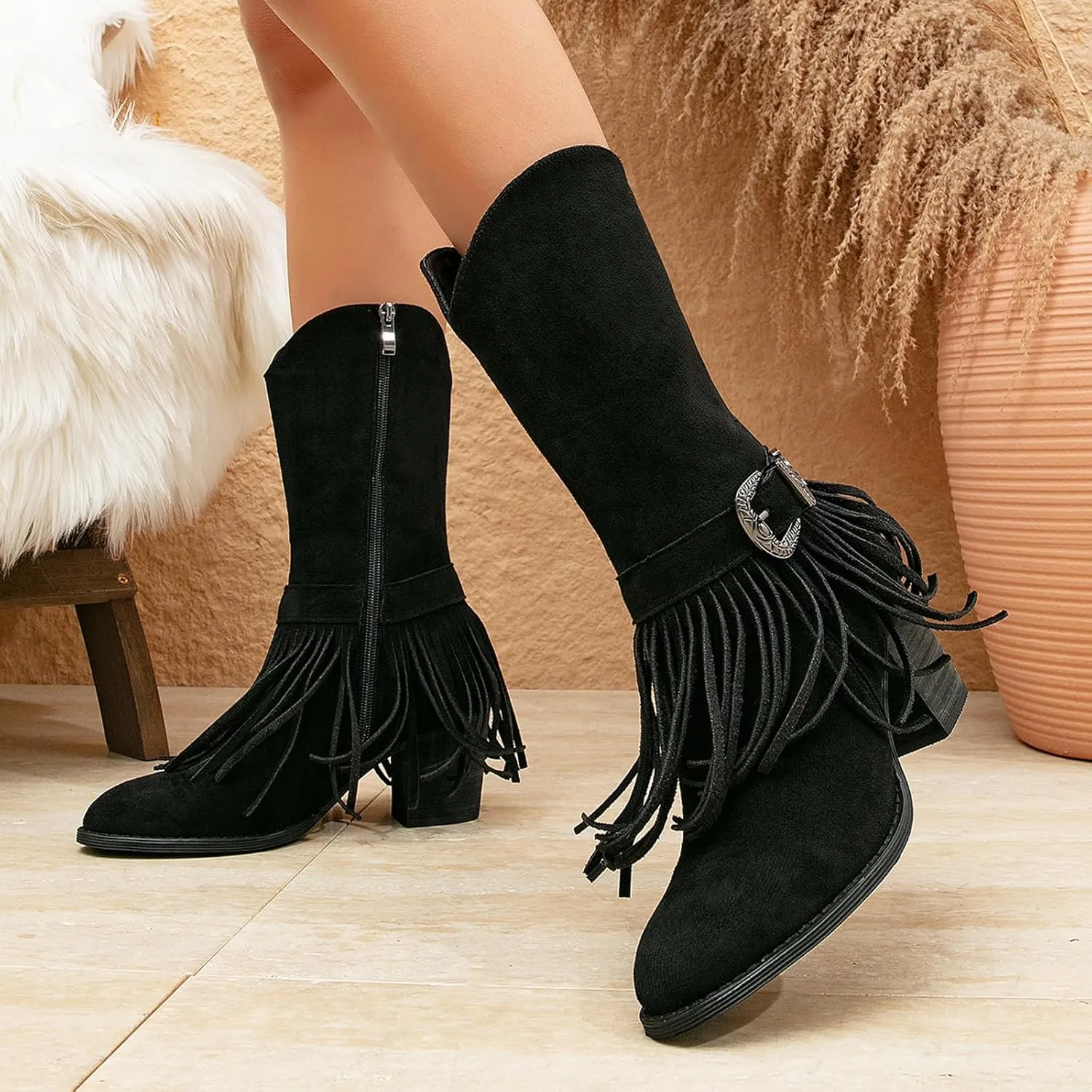 getmorebeauty Women's Mid Calf Boots Low Chunky Heels Closed Toe Suede Vintage Tassels Side Zipper Ankle Boots for Autum Winter