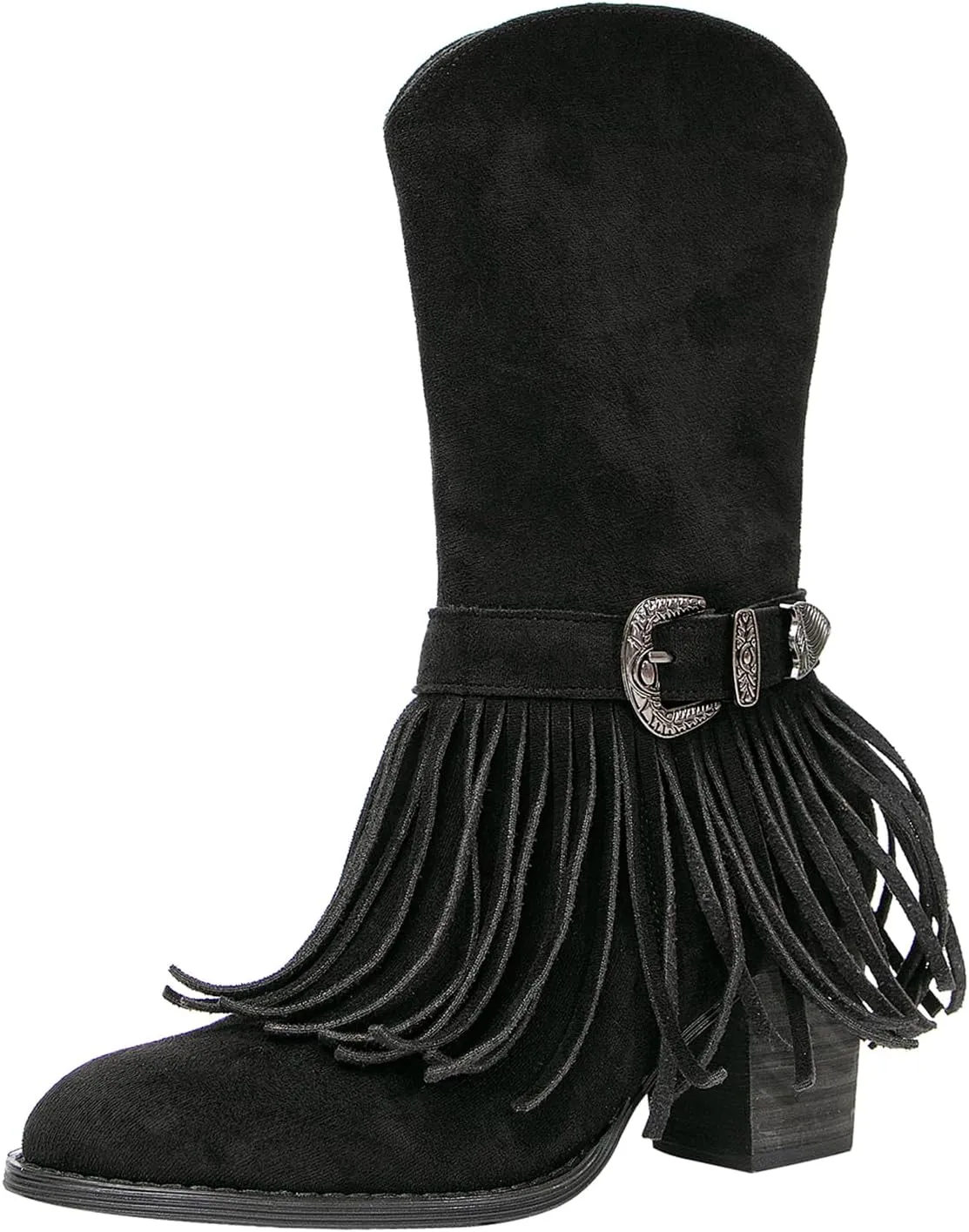getmorebeauty Women's Mid Calf Boots Low Chunky Heels Closed Toe Suede Vintage Tassels Side Zipper Ankle Boots for Autum Winter