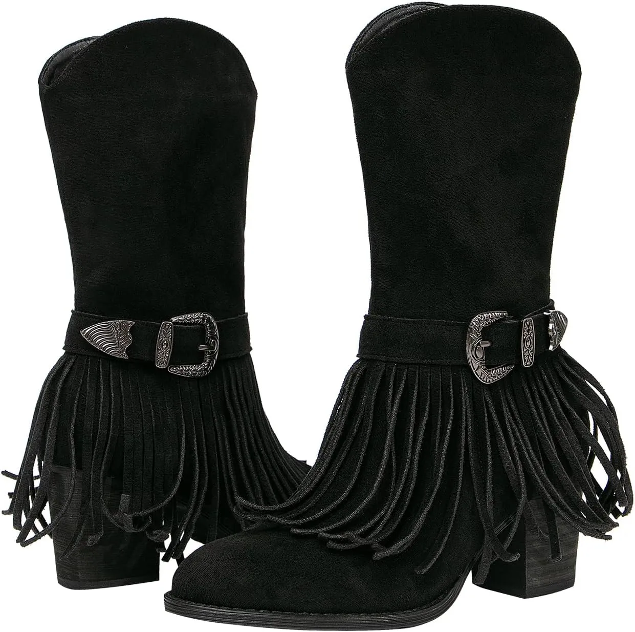 getmorebeauty Women's Mid Calf Boots Low Chunky Heels Closed Toe Suede Vintage Tassels Side Zipper Ankle Boots for Autum Winter