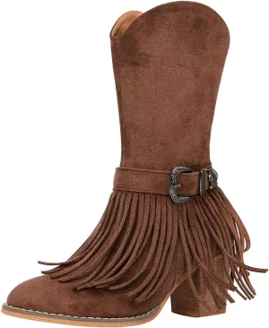 getmorebeauty Women's Mid Calf Boots Low Chunky Heels Closed Toe Suede Vintage Tassels Side Zipper Ankle Boots for Autum Winter