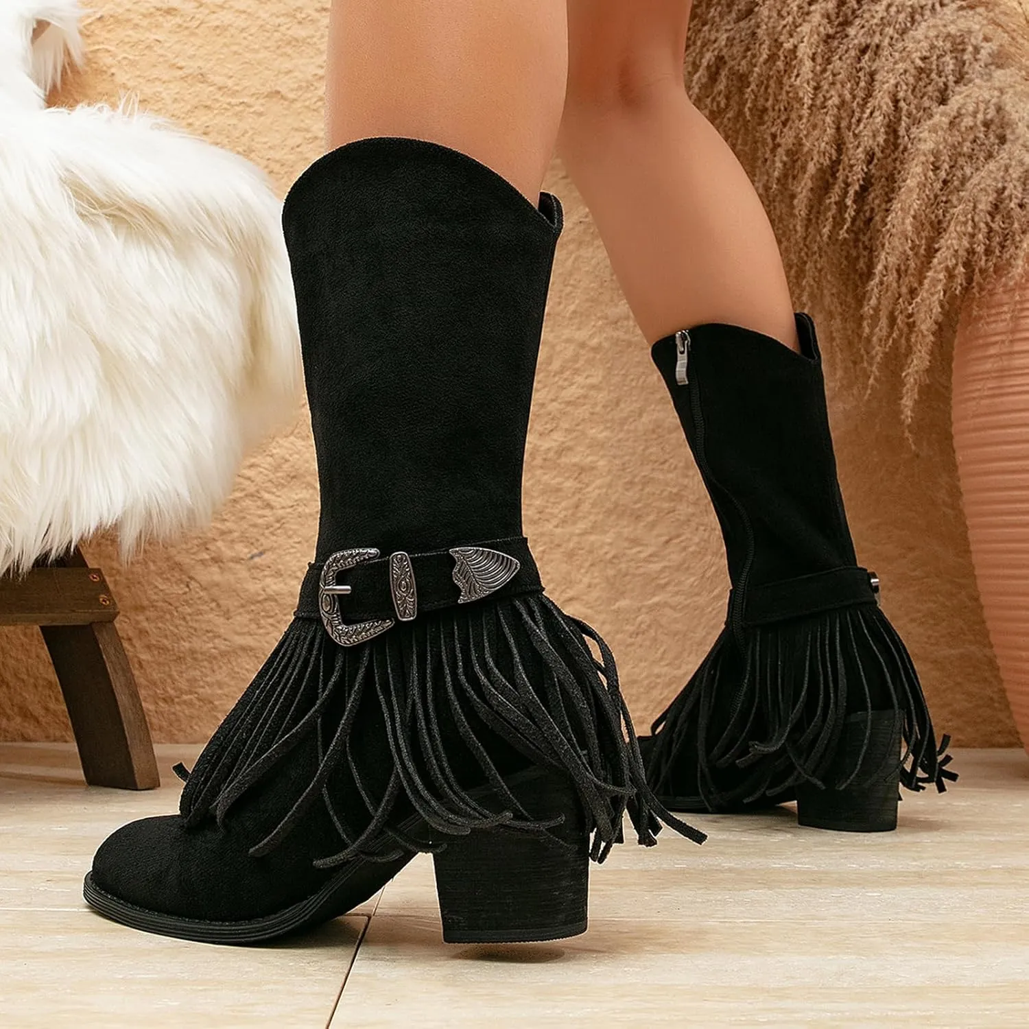 getmorebeauty Women's Mid Calf Boots Low Chunky Heels Closed Toe Suede Vintage Tassels Side Zipper Ankle Boots for Autum Winter
