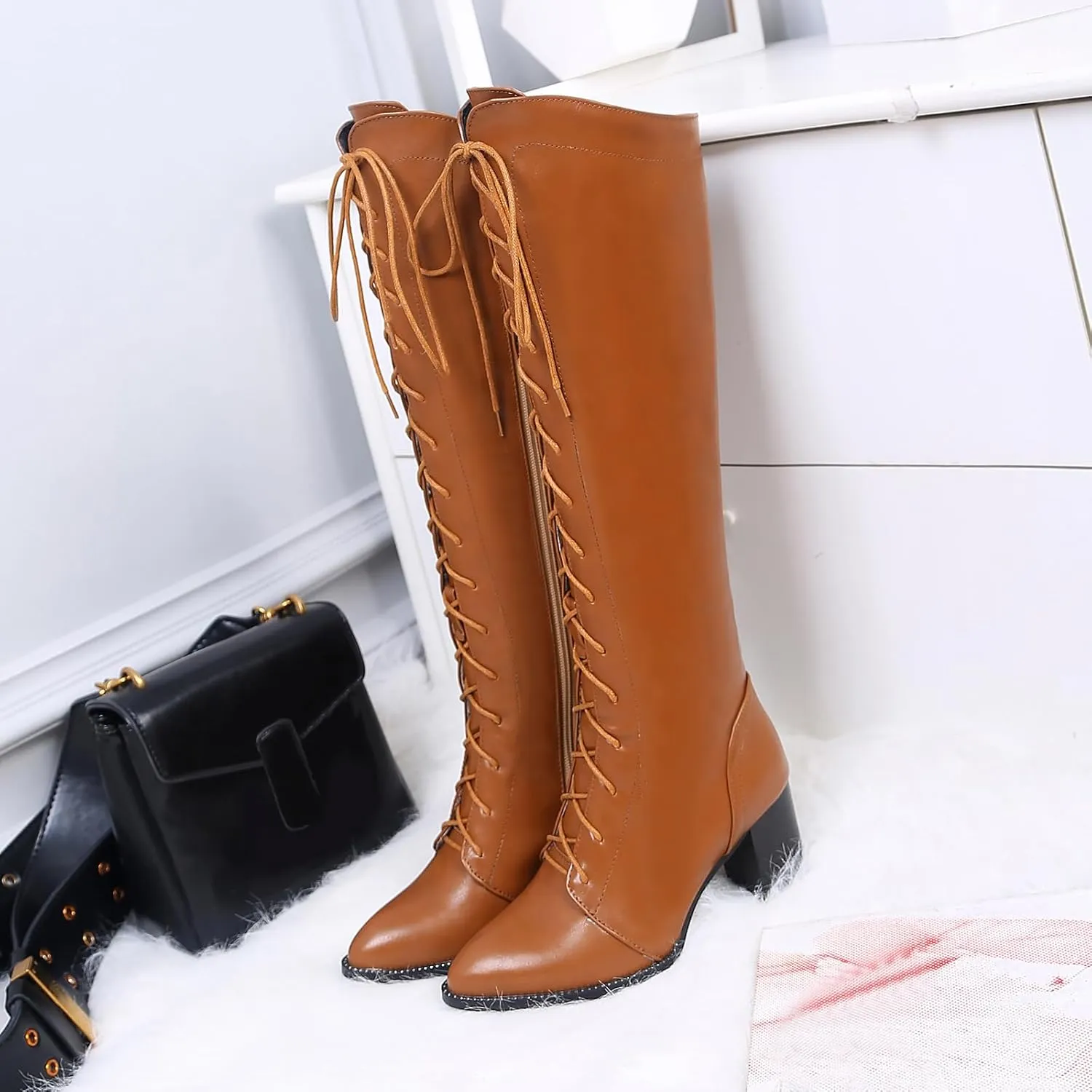 Gicoiz Women Block Heel Lace Up Knee High Pointed Toe Biker Boots