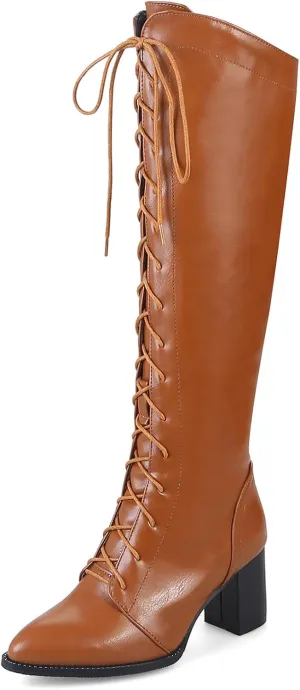 Gicoiz Women Block Heel Lace Up Knee High Pointed Toe Biker Boots