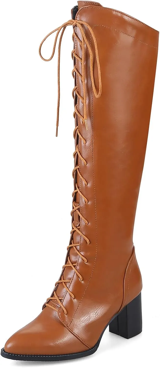 Gicoiz Women Block Heel Lace Up Knee High Pointed Toe Biker Boots