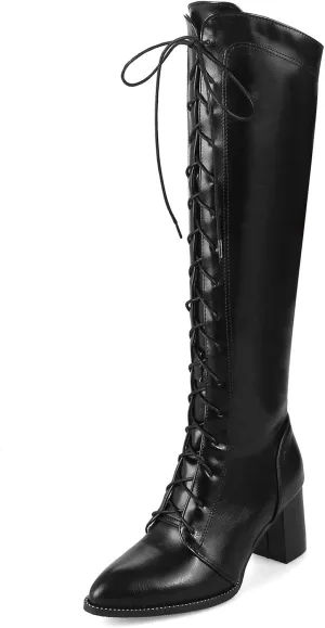 Gicoiz Women Block Heel Lace Up Knee High Pointed Toe Biker Boots