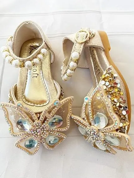 Girls Butterfly Dress Flats | Mary Jane Ballerinas with Rhinestones and Sequin