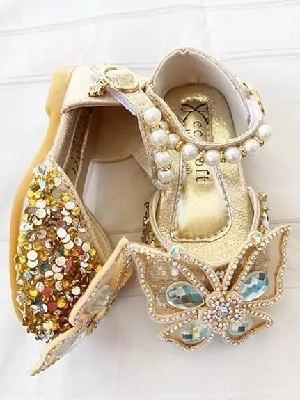 Girls Butterfly Dress Flats | Mary Jane Ballerinas with Rhinestones and Sequin