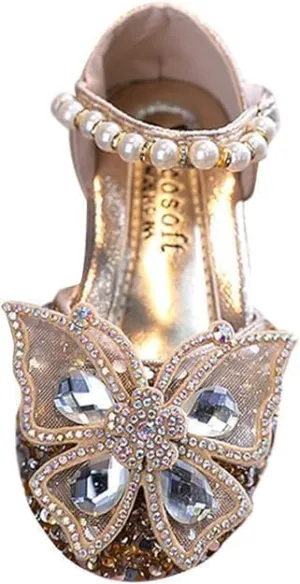 Girls Butterfly Dress Flats | Mary Jane Ballerinas with Rhinestones and Sequin