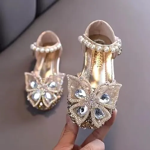Girls Butterfly Dress Flats | Mary Jane Ballerinas with Rhinestones and Sequin