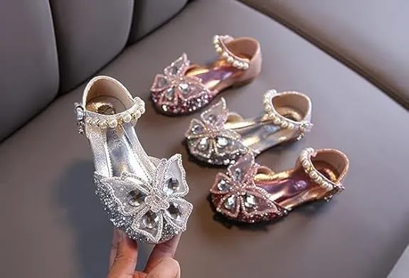 Girls Butterfly Dress Flats | Mary Jane Ballerinas with Rhinestones and Sequin