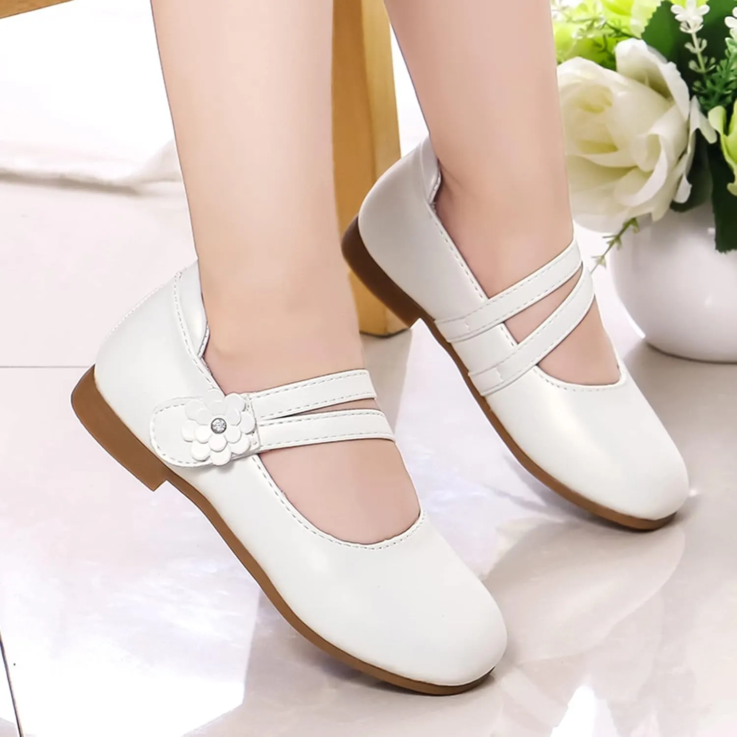 Girls Communio𝐧 Pu Leather Dress Shoes Flower Little Kid Mary Jane Ballet Flat𝐬 for Wedding Part𝐲 Communio𝐧 Shoes
