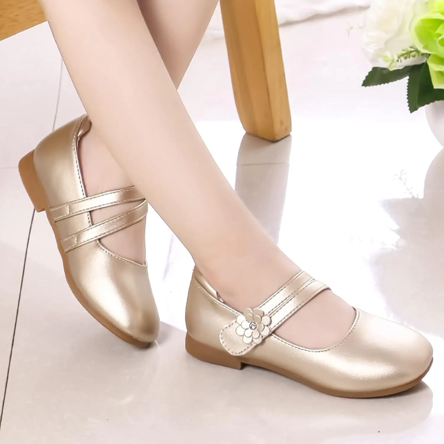 Girls Communio𝐧 Pu Leather Dress Shoes Flower Little Kid Mary Jane Ballet Flat𝐬 for Wedding Part𝐲 Communio𝐧 Shoes