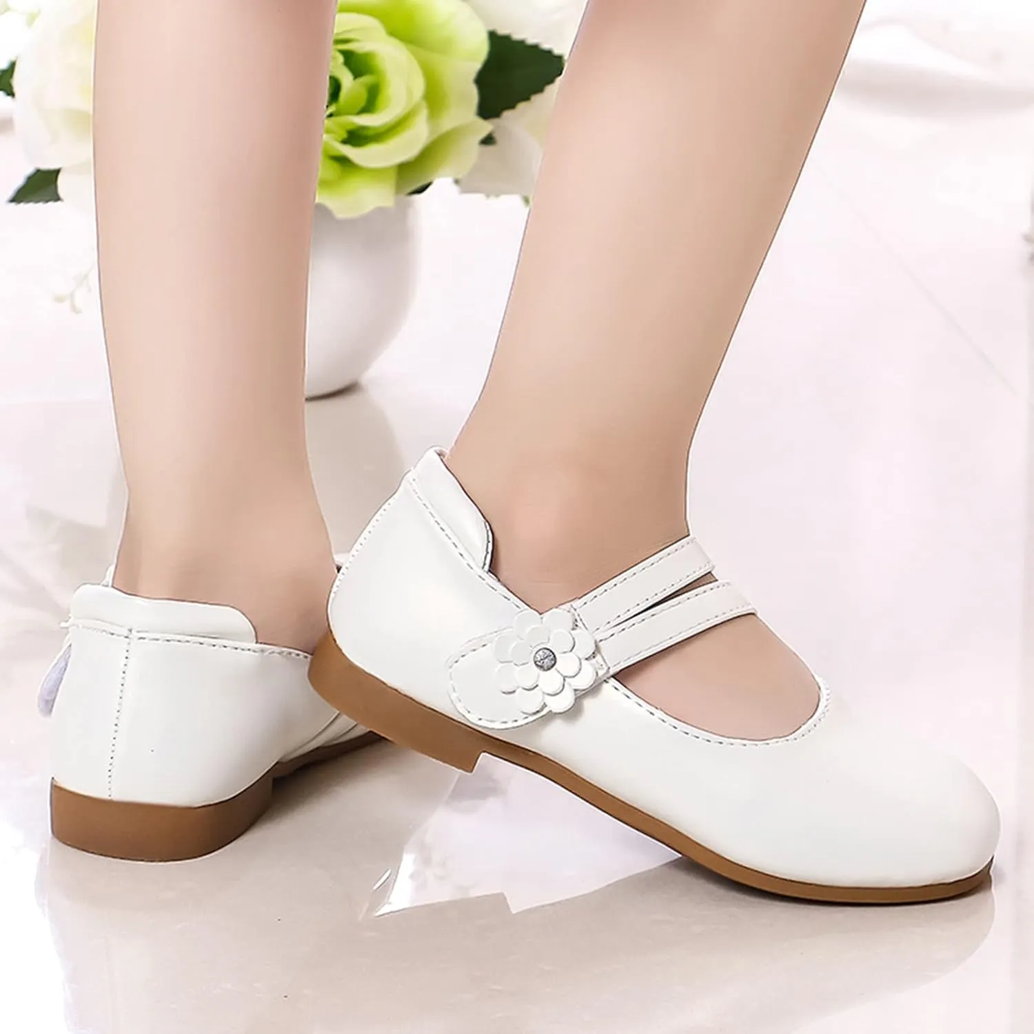 Girls Communio𝐧 Pu Leather Dress Shoes Flower Little Kid Mary Jane Ballet Flat𝐬 for Wedding Part𝐲 Communio𝐧 Shoes