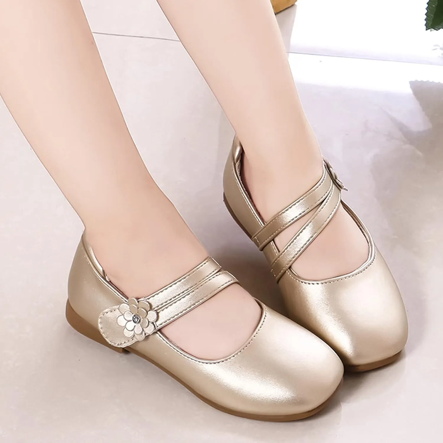 Girls Communio𝐧 Pu Leather Dress Shoes Flower Little Kid Mary Jane Ballet Flat𝐬 for Wedding Part𝐲 Communio𝐧 Shoes