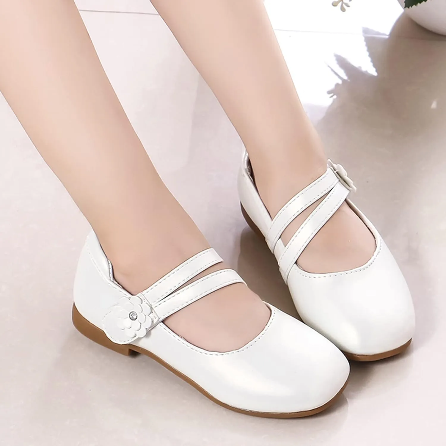 Girls Communio𝐧 Pu Leather Dress Shoes Flower Little Kid Mary Jane Ballet Flat𝐬 for Wedding Part𝐲 Communio𝐧 Shoes