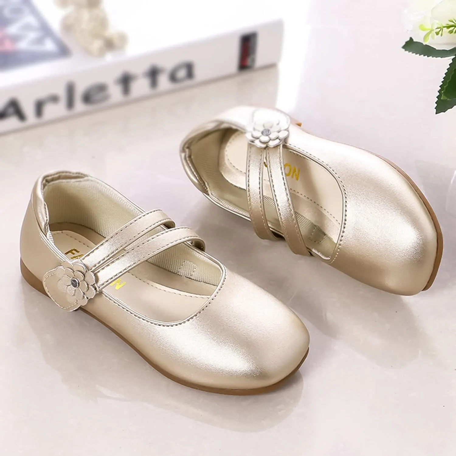 Girls Communio𝐧 Pu Leather Dress Shoes Flower Little Kid Mary Jane Ballet Flat𝐬 for Wedding Part𝐲 Communio𝐧 Shoes
