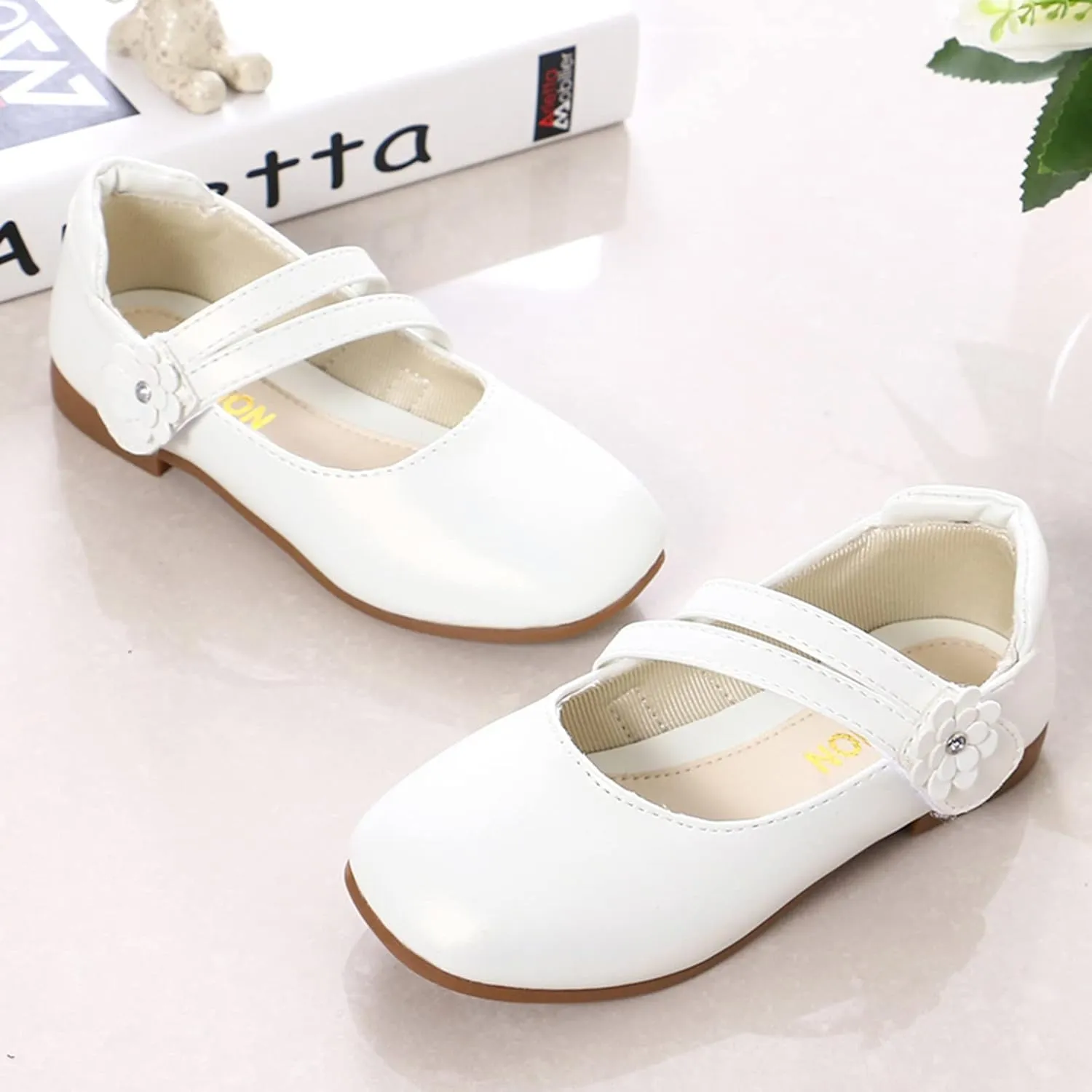 Girls Communio𝐧 Pu Leather Dress Shoes Flower Little Kid Mary Jane Ballet Flat𝐬 for Wedding Part𝐲 Communio𝐧 Shoes
