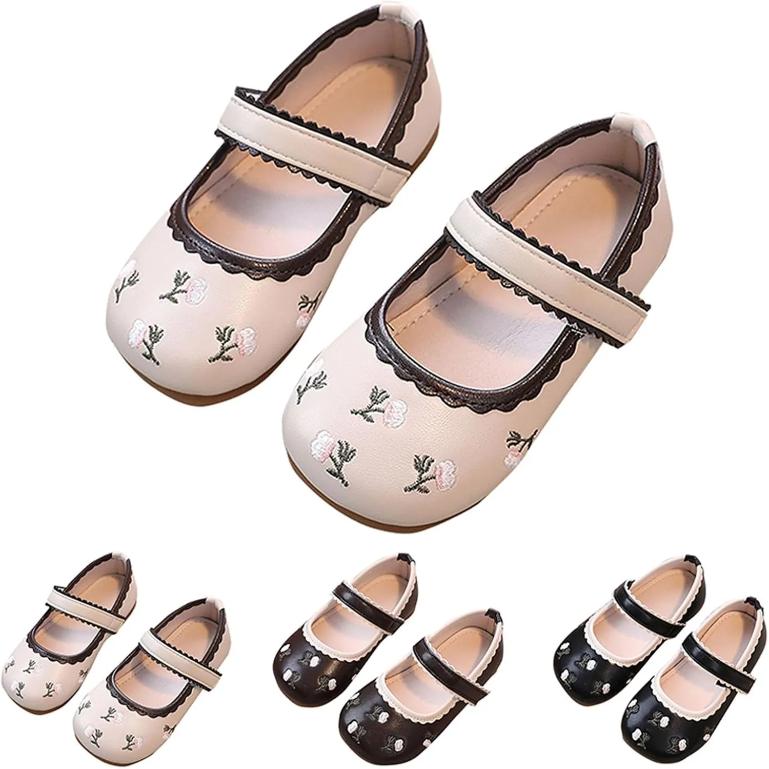 Girls Dress Shoes Toddler Cute Floral Print Mary Jane Flats Flower Girl Dress Shoes for Wedding Party School