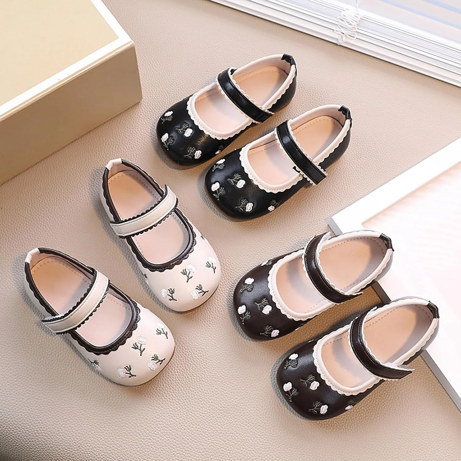 Girls Dress Shoes Toddler Cute Floral Print Mary Jane Flats Flower Girl Dress Shoes for Wedding Party School