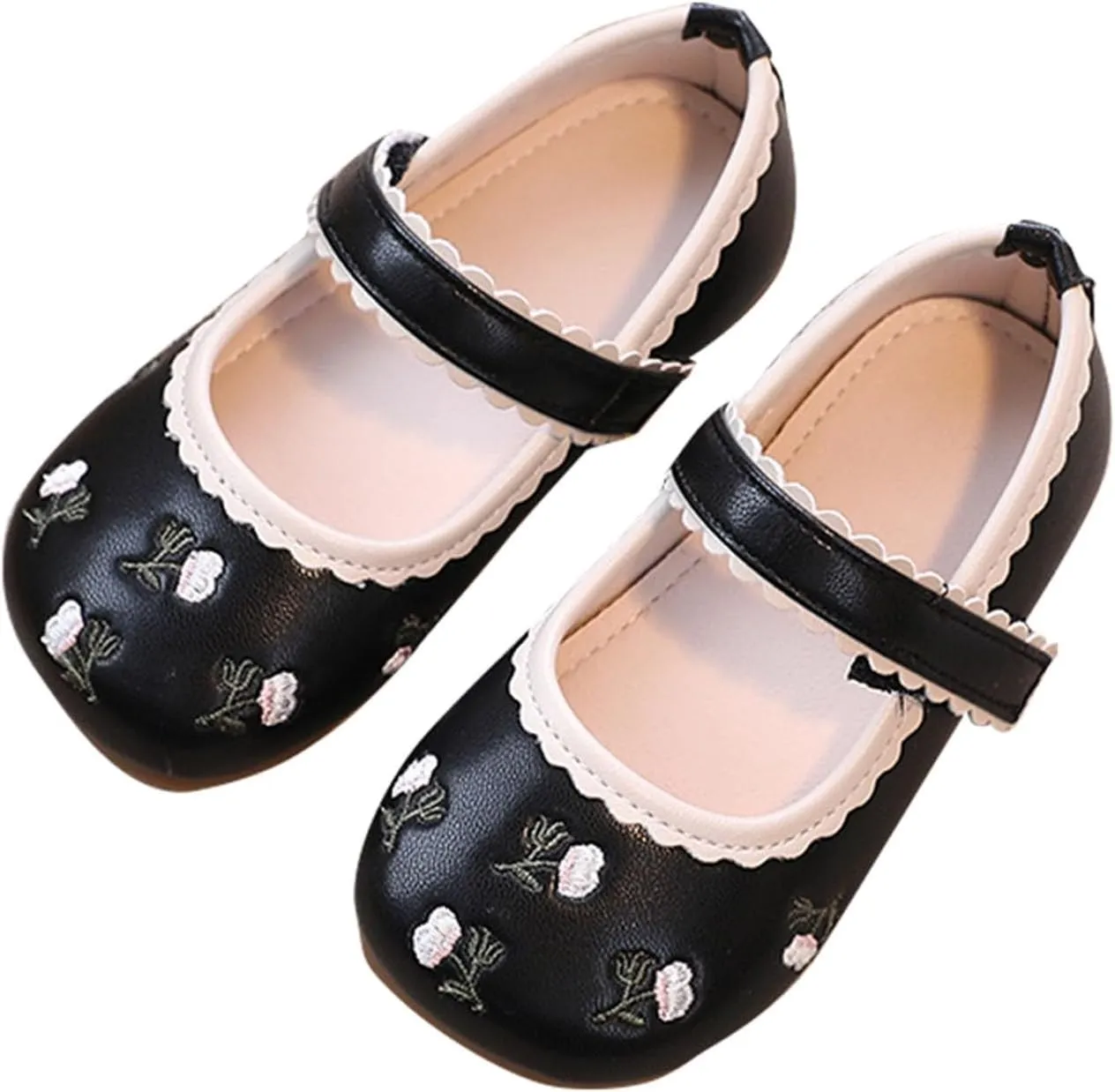 Girls Dress Shoes Toddler Cute Floral Print Mary Jane Flats Flower Girl Dress Shoes for Wedding Party School