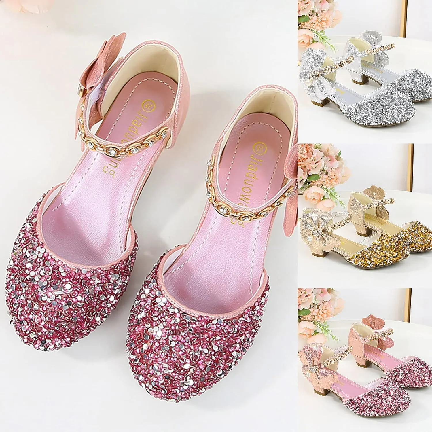Girls Mary Jane Dress Shoes Rhinestones Bows Flower Girl Wedding Low Heels Pump Shoes Toddler Dress Shoes for Kids