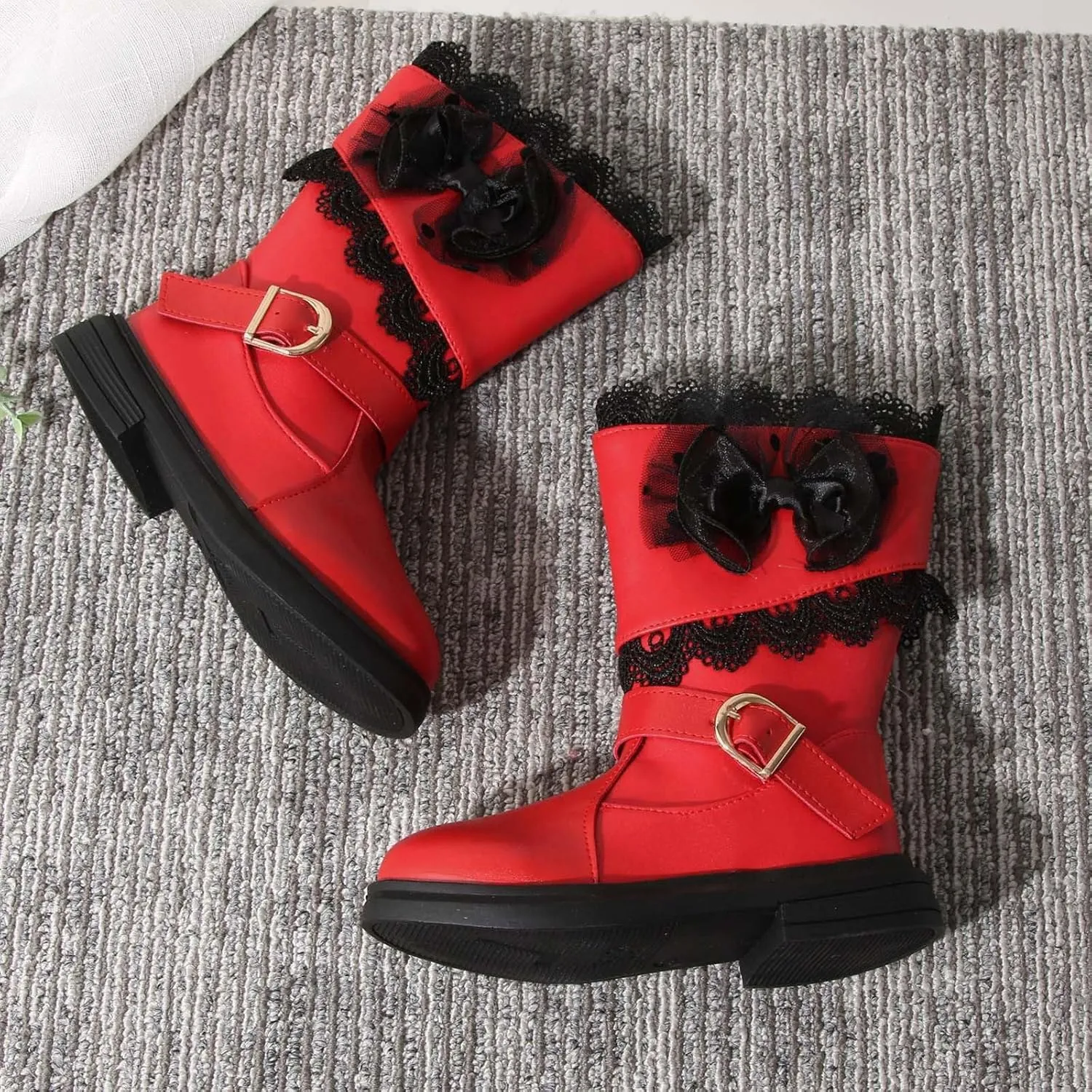 Girls Mid Calf Riding Boots Waterproof Side Zipper Long Boots Lace Bowknot Dress Boots Winter Warm Snow Boots
