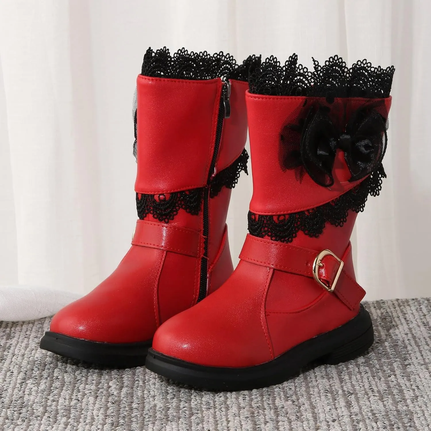 Girls Mid Calf Riding Boots Waterproof Side Zipper Long Boots Lace Bowknot Dress Boots Winter Warm Snow Boots