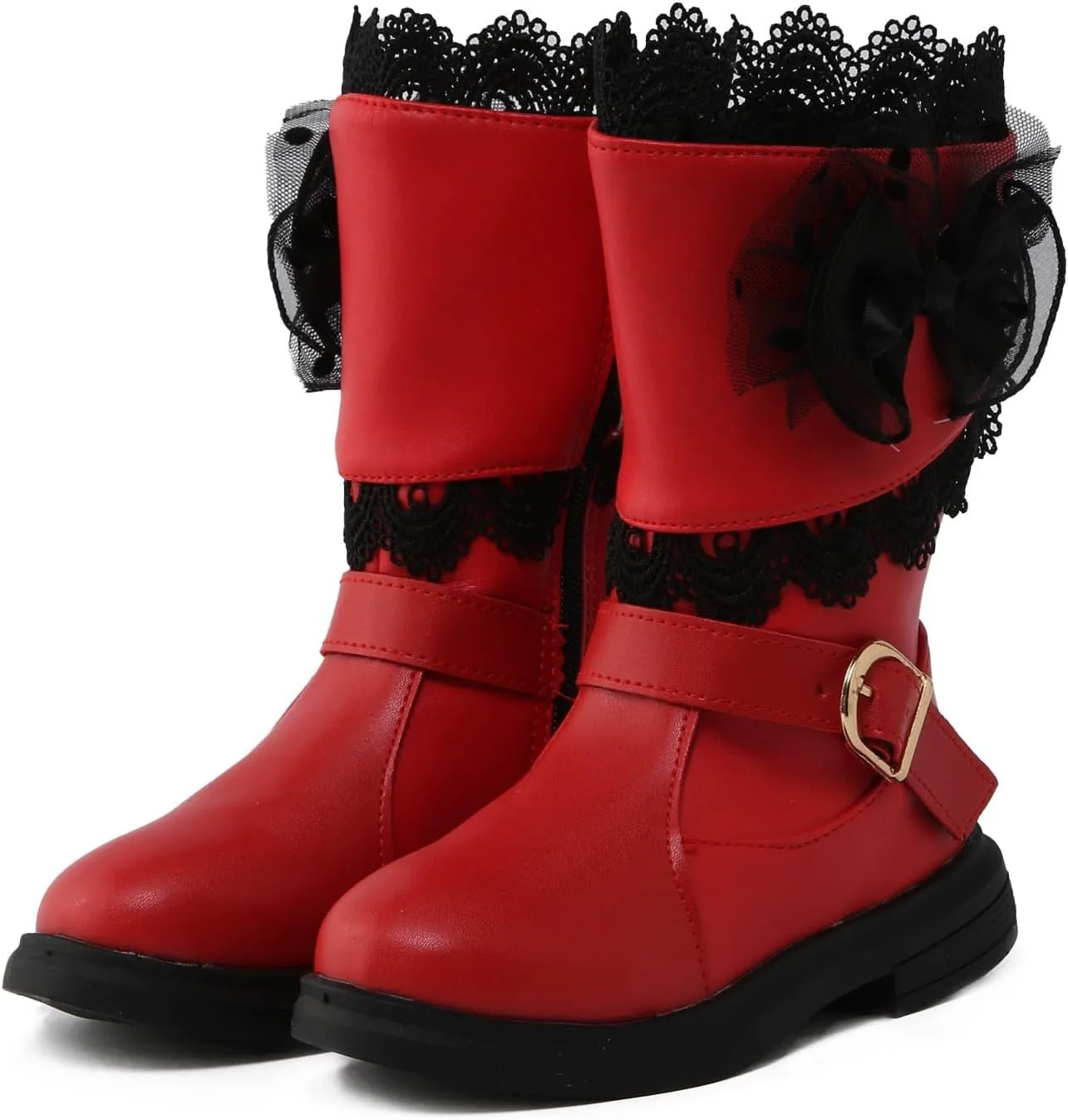 Girls Mid Calf Riding Boots Waterproof Side Zipper Long Boots Lace Bowknot Dress Boots Winter Warm Snow Boots