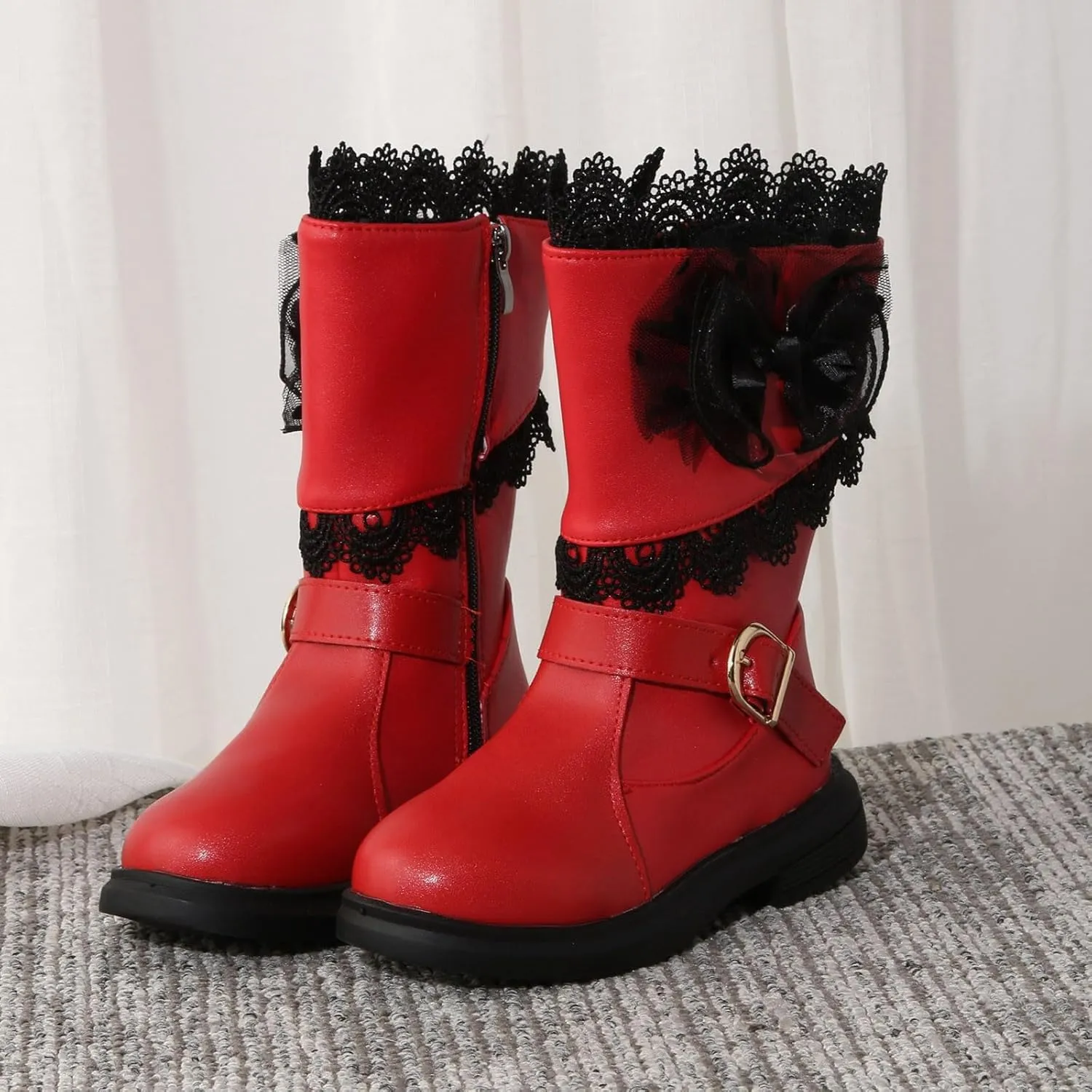Girls Mid Calf Riding Boots Waterproof Side Zipper Long Boots Lace Bowknot Dress Boots Winter Warm Snow Boots