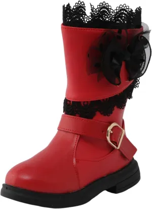 Girls Mid Calf Riding Boots Waterproof Side Zipper Long Boots Lace Bowknot Dress Boots Winter Warm Snow Boots