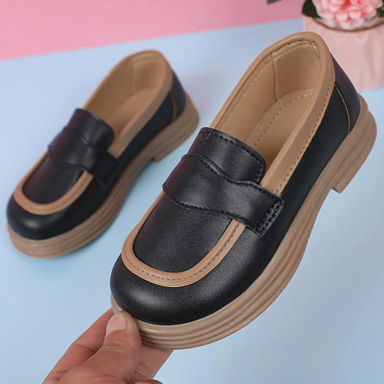 Girls PU Leather Loafers Mary Jane Oxford Shoes Chunky Heel Flat𝐬 Toddler Uniform Platform for School Part𝐲 Wedding