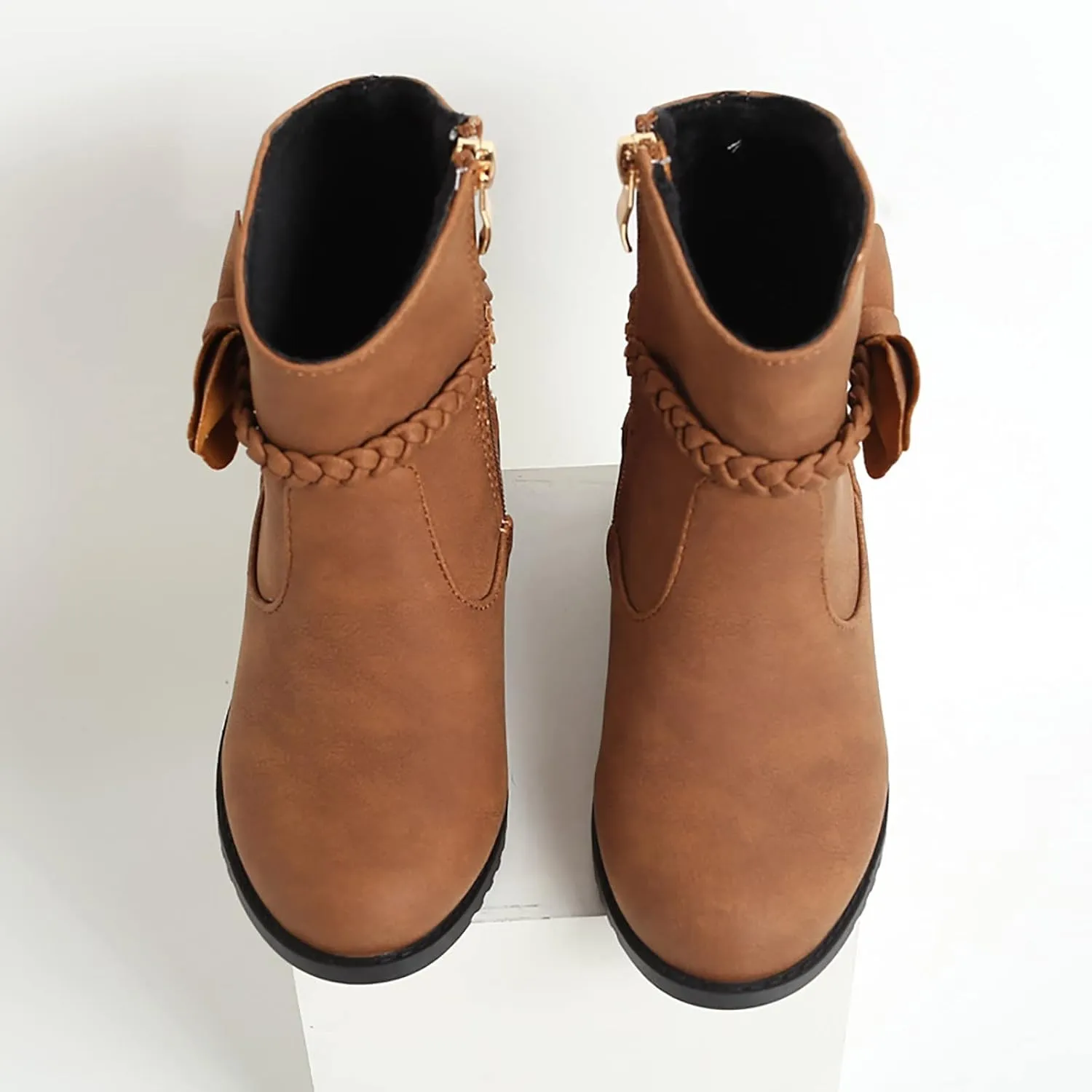 Girls Riding Boots Girls Bow Decor Braided Detail Zip Side Western Boots Kids Ankle Water Proof PU Leather Fall Boots