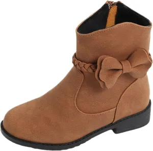 Girls Riding Boots Girls Bow Decor Braided Detail Zip Side Western Boots Kids Ankle Water Proof PU Leather Fall Boots