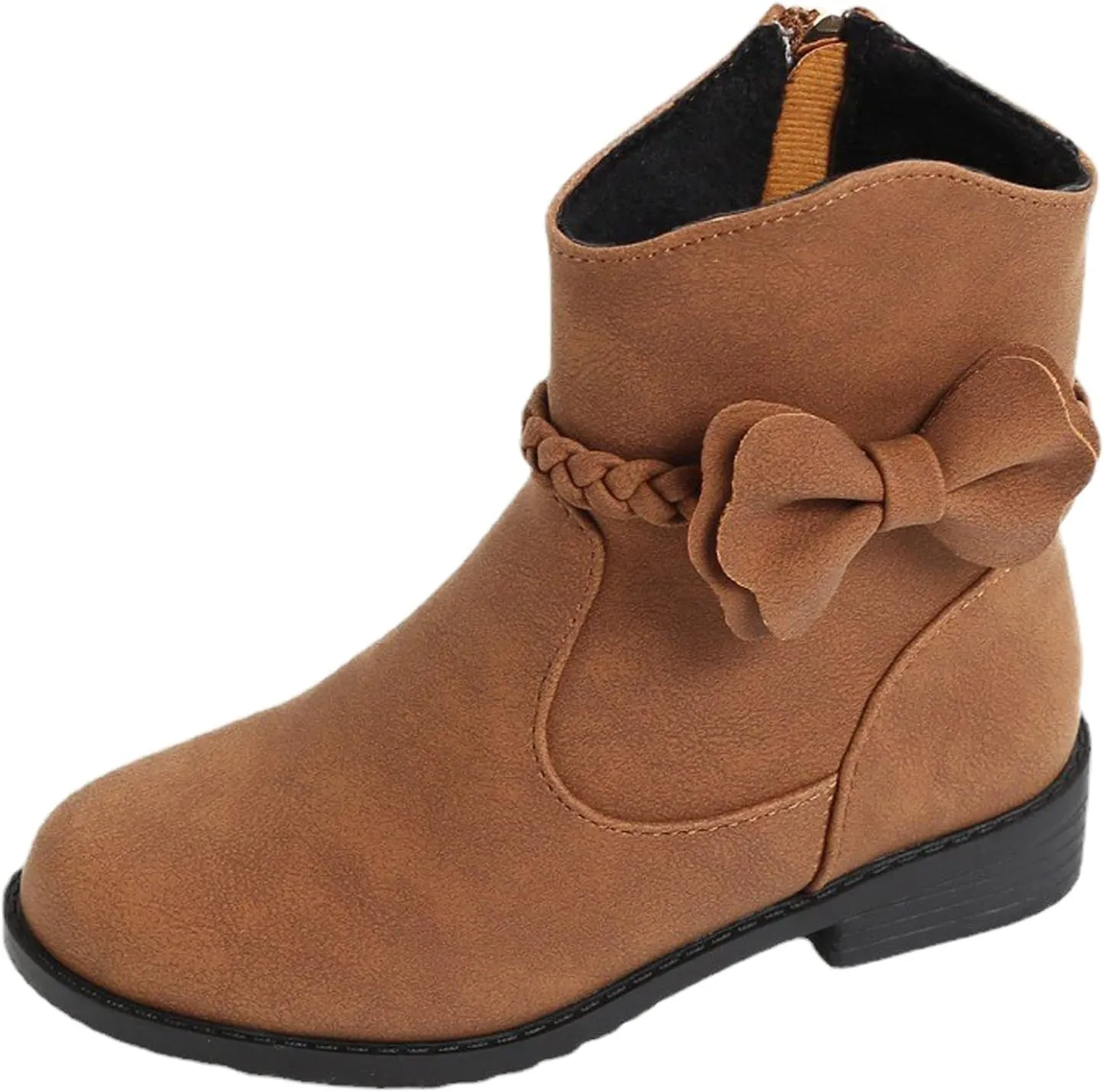 Girls Riding Boots Girls Bow Decor Braided Detail Zip Side Western Boots Kids Ankle Water Proof PU Leather Fall Boots