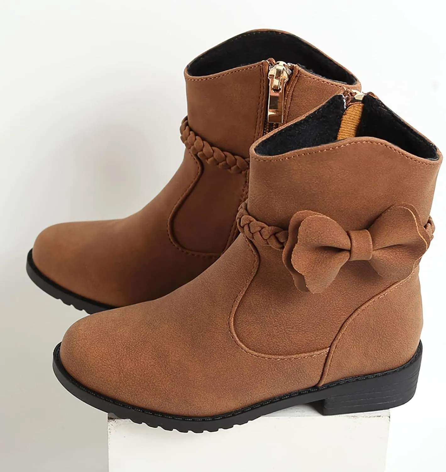 Girls Riding Boots Girls Bow Decor Braided Detail Zip Side Western Boots Kids Ankle Water Proof PU Leather Fall Boots