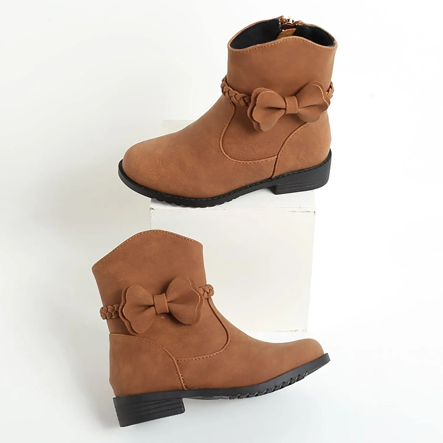 Girls Riding Boots Girls Bow Decor Braided Detail Zip Side Western Boots Kids Ankle Water Proof PU Leather Fall Boots