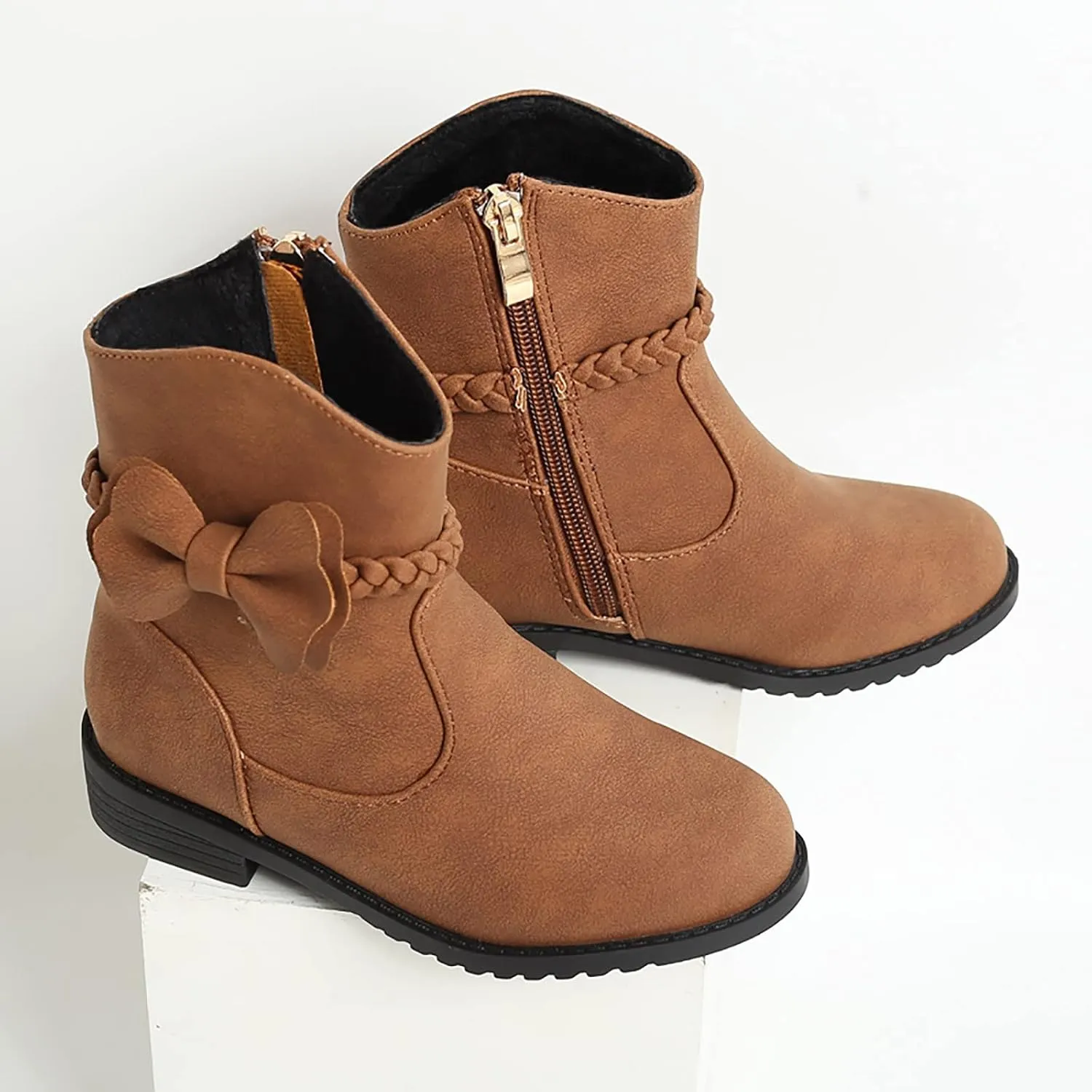 Girls Riding Boots Girls Bow Decor Braided Detail Zip Side Western Boots Kids Ankle Water Proof PU Leather Fall Boots