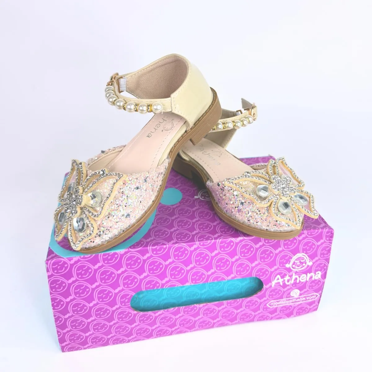 Girls' Shoes with Glitter, Pearls and Butterfly Applique