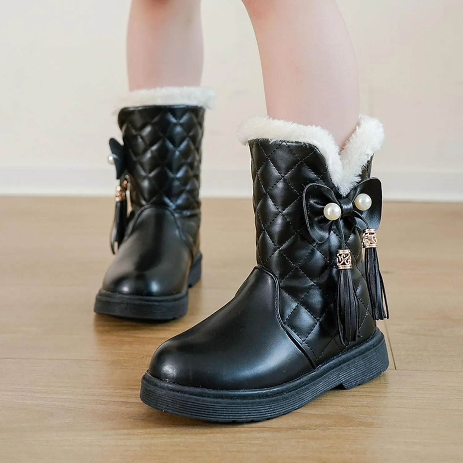 Girls Winter Snow Boots Faux Fur Lined Slip on Ankle Booties Mid Calf Non-Slip Outdoor Walking Shoes Little/Big Kids